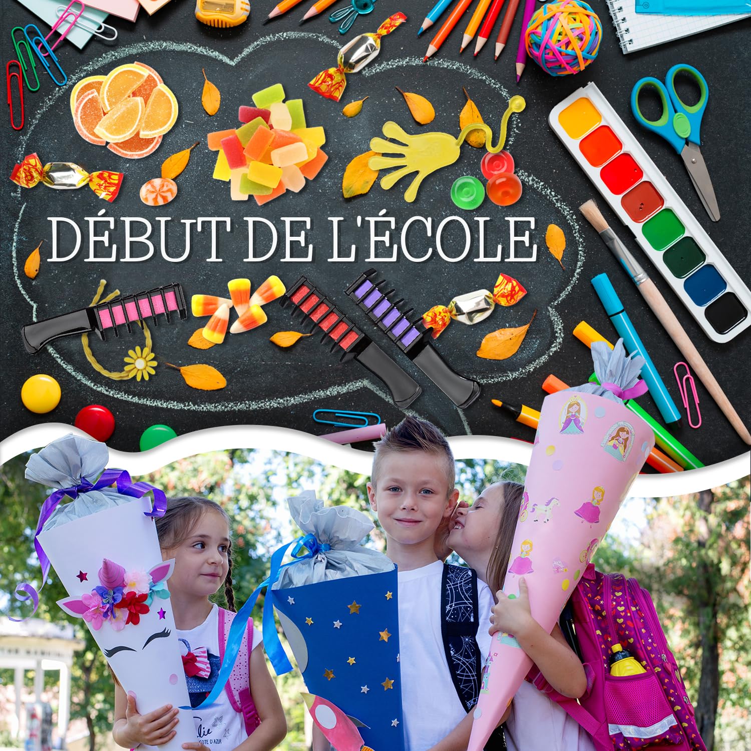 Magicat PEIGNE À CRAIE POUR CHEVEUX Set - 10 couleur de cheveux pour enfants et 5 élastiques I Pour anniversaire ou cadeaux pour filles I Couleur lavable I Accessoires de cheveux