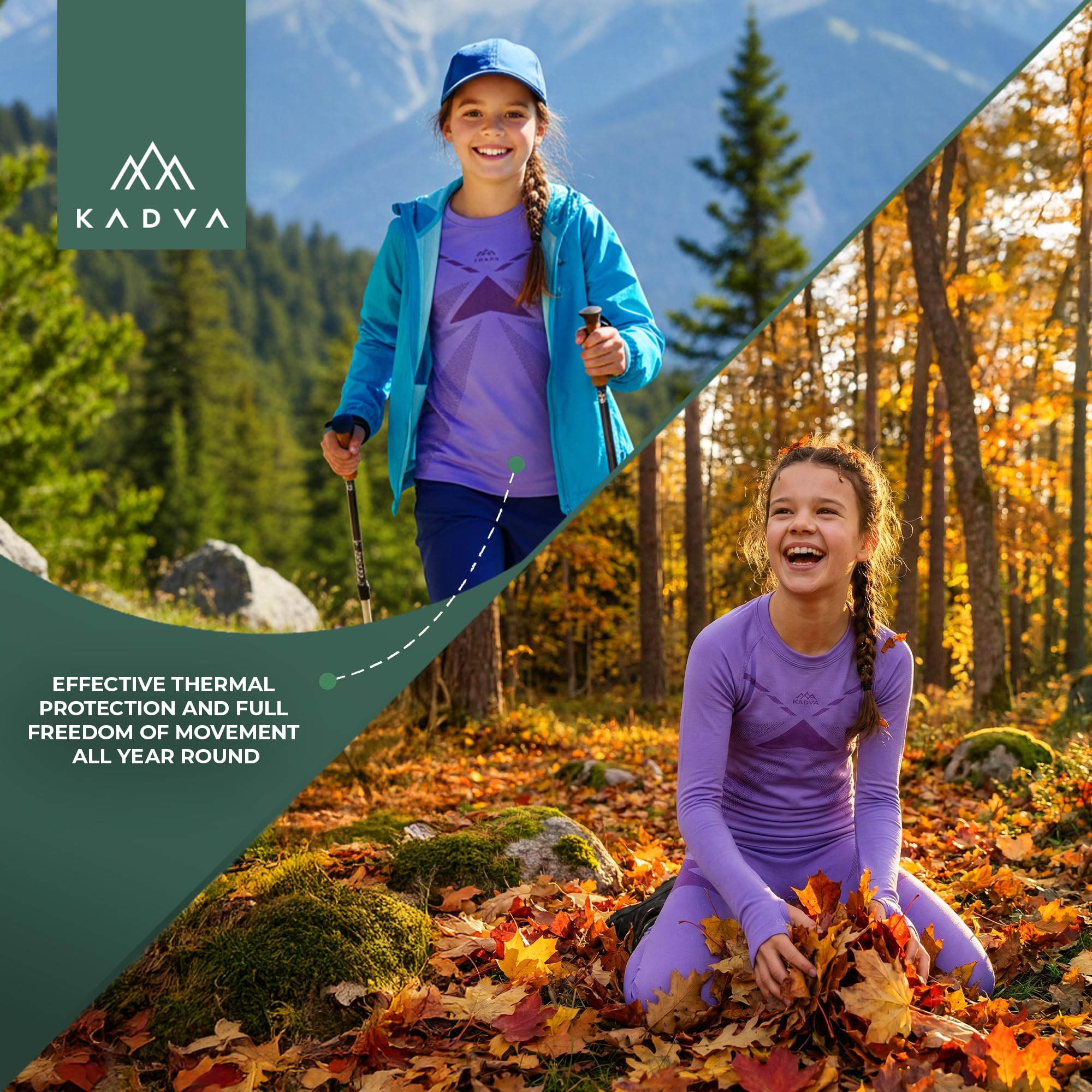 KADVA – Completo Intimo Termico Bambino – AlpineStep Thermo Light Plus Base Layer Viola con Maglia Maniche Lunghe Senza Cuciture e Leggings per Il Freddo