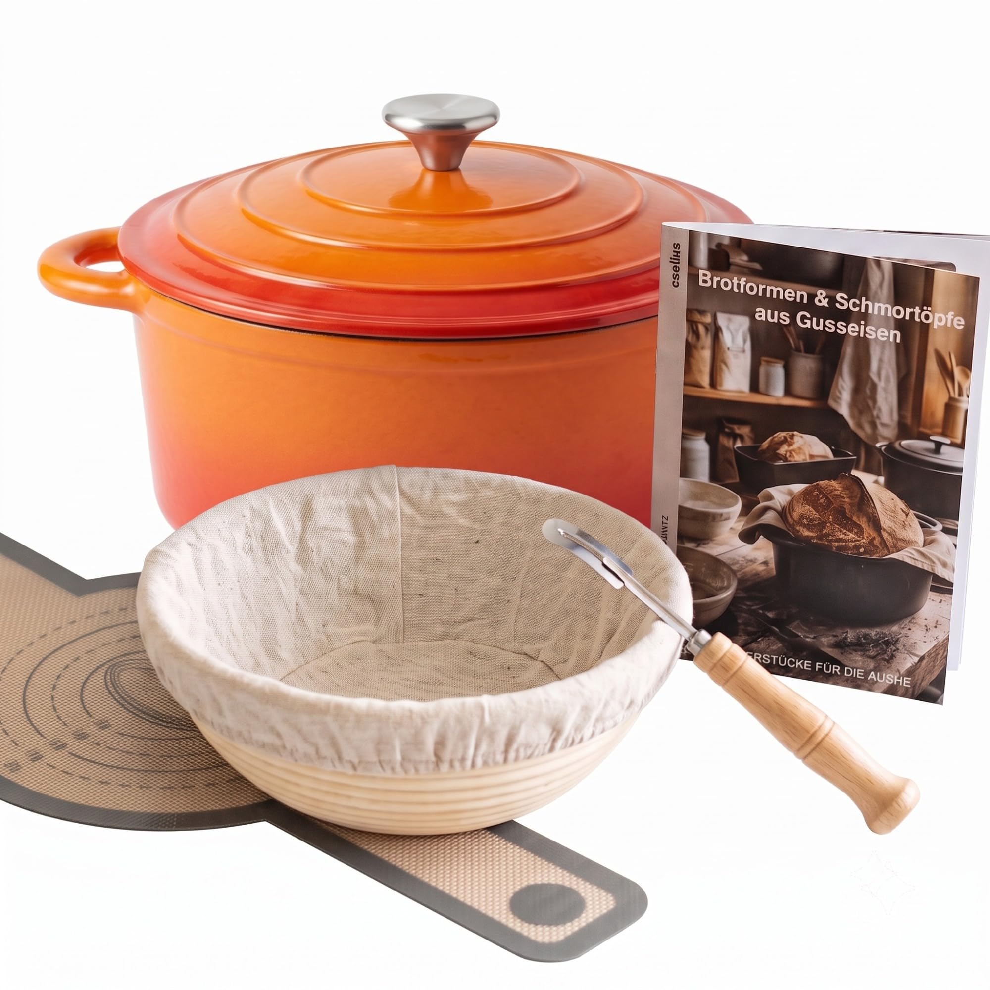 osoltus Brotbackform Schmortopf Set Gusseisen Topf 26cm 5,9 Liter Emaille (Orange, 26cm)