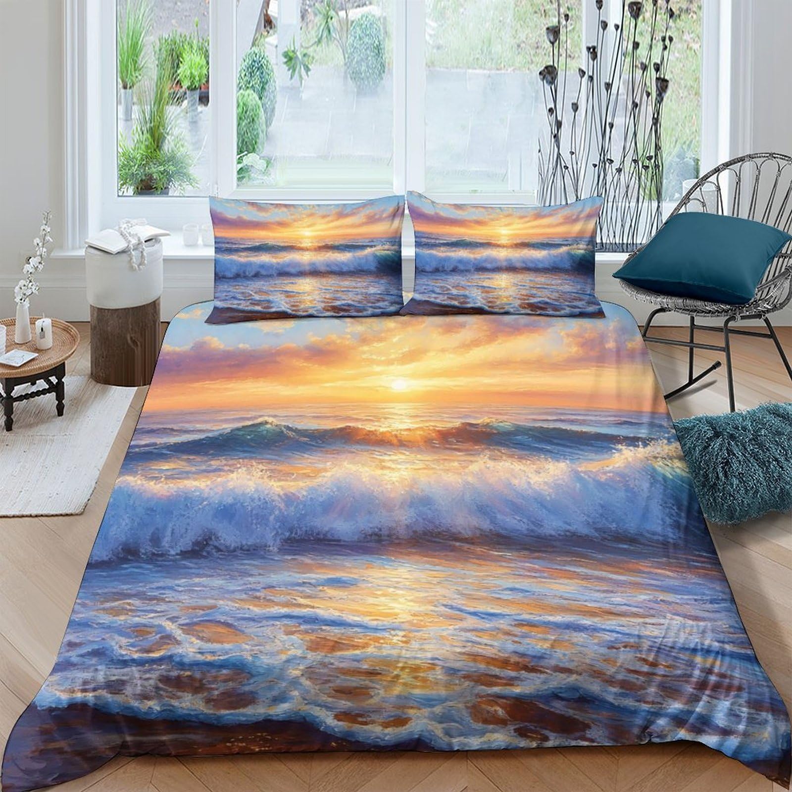 Ctjqhvkz Style-2 3D Printed Sunset Ocean Fitted Sheet Microfiber Soft Breathable Beach Wave Mattress Cover For Bedroom Decor Single（135X200cm）