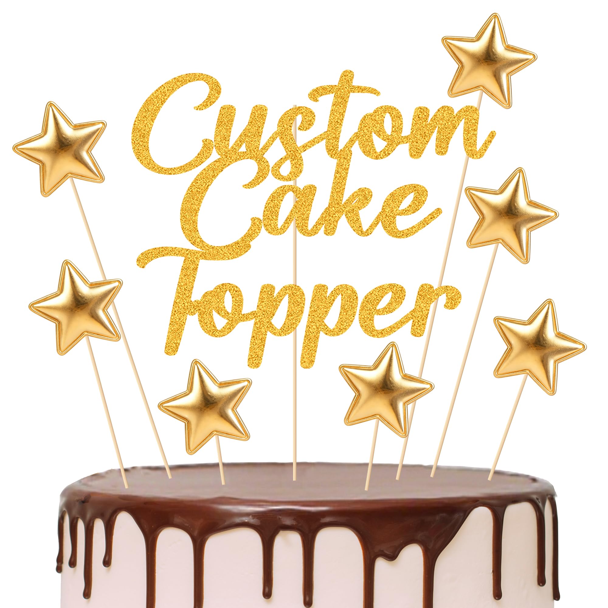 Personalised Cake Topper Custom Happy Birthday Cake Topper Wedding Cake Topper Gifts 11 Colors Cake Decorations Glitter Cake Toppers Gifts for Graduation Baby Shower (with Gold Star Set)