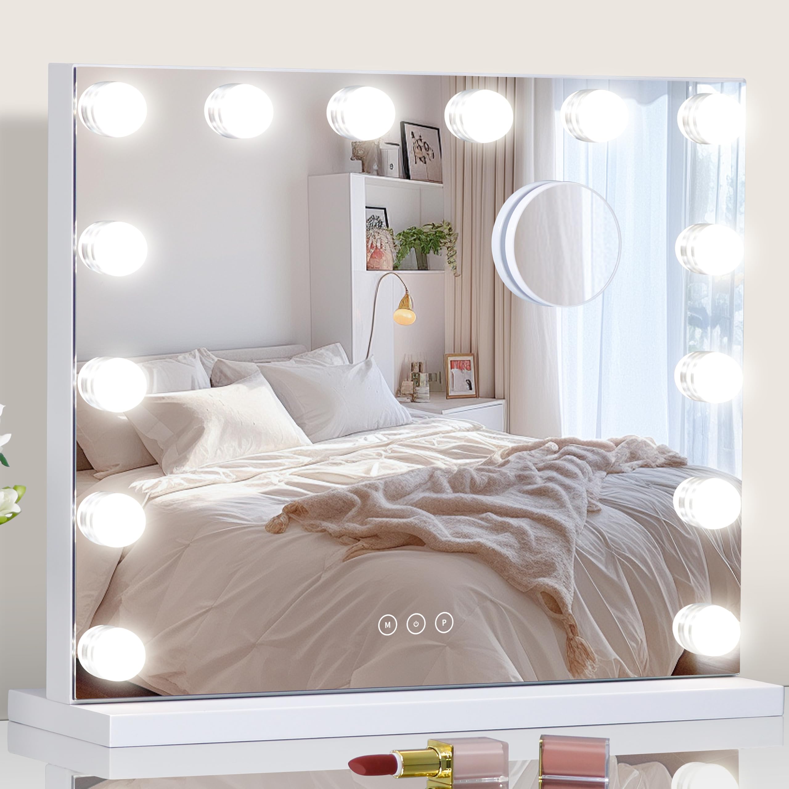 NUSVAN Vanity Mirror with Lights Lighted Makeup Mirror with Dimmable LED Bulbs,3 Color Lighting Modes,USB Charging Port Touch Control,Sturdy Metal Frame Design,White