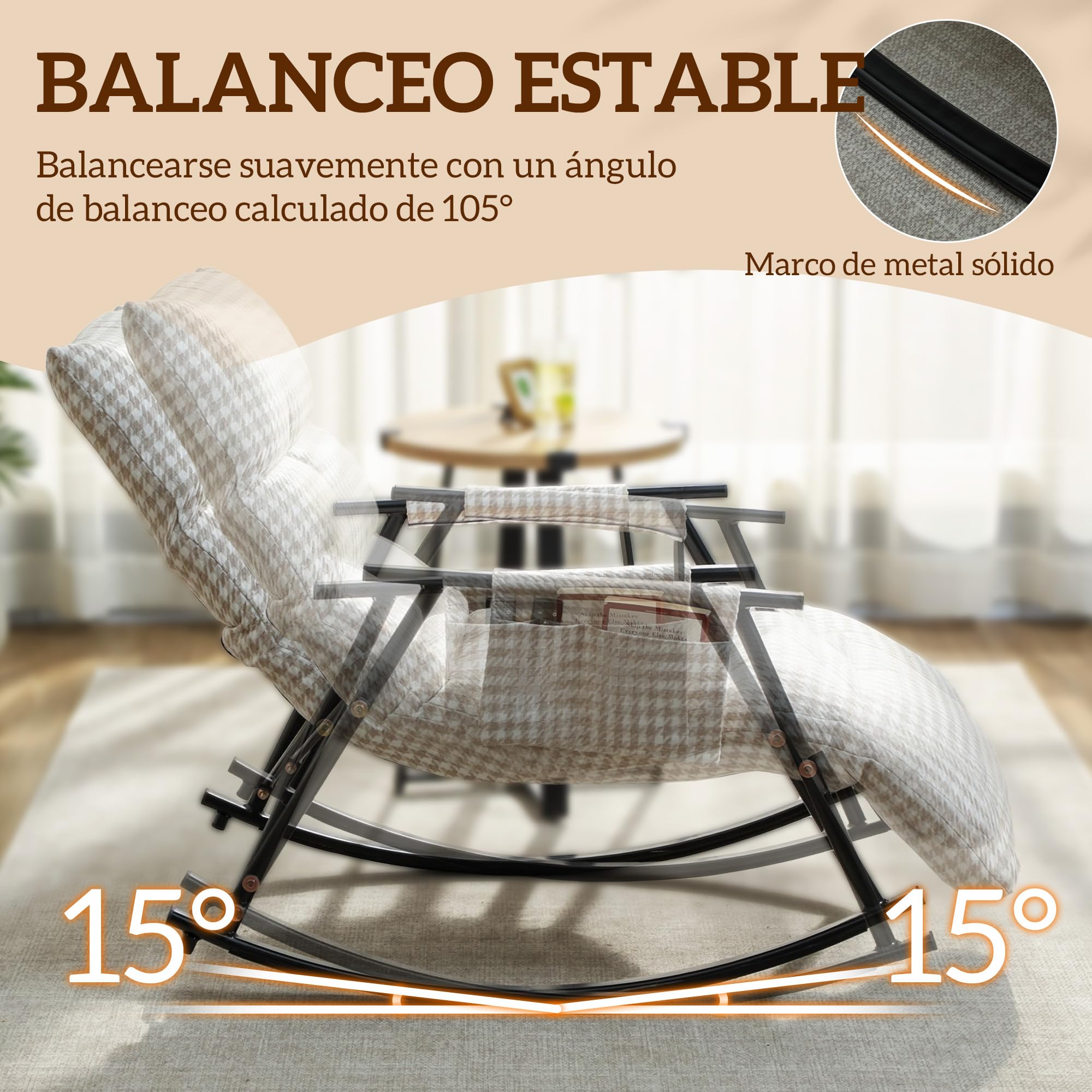 HOMCOM Silla Mecedora con Respaldo y Reposapiés Ajustables, Mecedora Sillón Balancín 105°, Tapizada en Lino, con Bolsillo Lateral y Marco de Metal, Carga 120 kg, para Dormitorio, Salón, Gris y Blanco