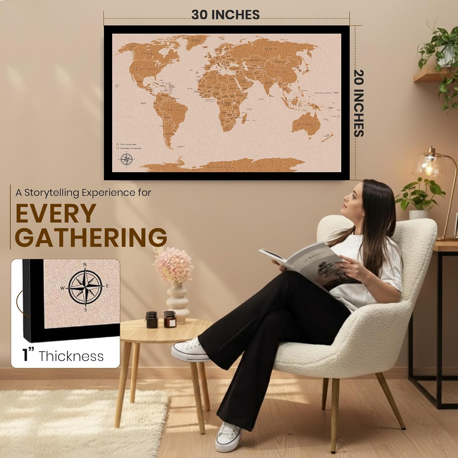 Large Push Pin World Travel Map – 30" x 20" Framed Cork Board Wall Art, Modern World Map with 200 Unique Pins for Tracking Adventures, A Premium Gift for Travelers, Couples and Families
