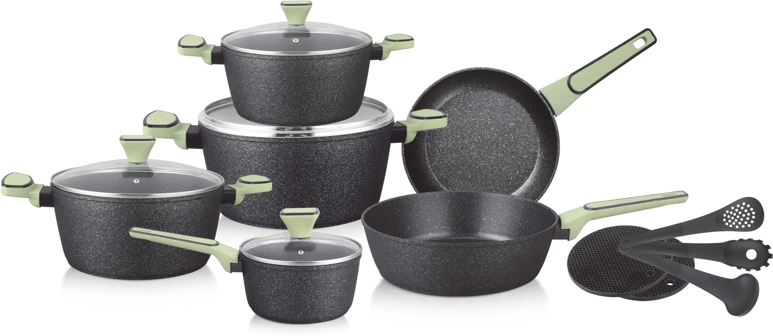 Zestaw Garnków - 15 Elementów - Ceramiczno-marmurowa Nieprzywierająca Powłoka - Szklane Pokrywki - Ferromagnetyczne Dno - Wszystkie Rodzaje Kuchenek - Czarny