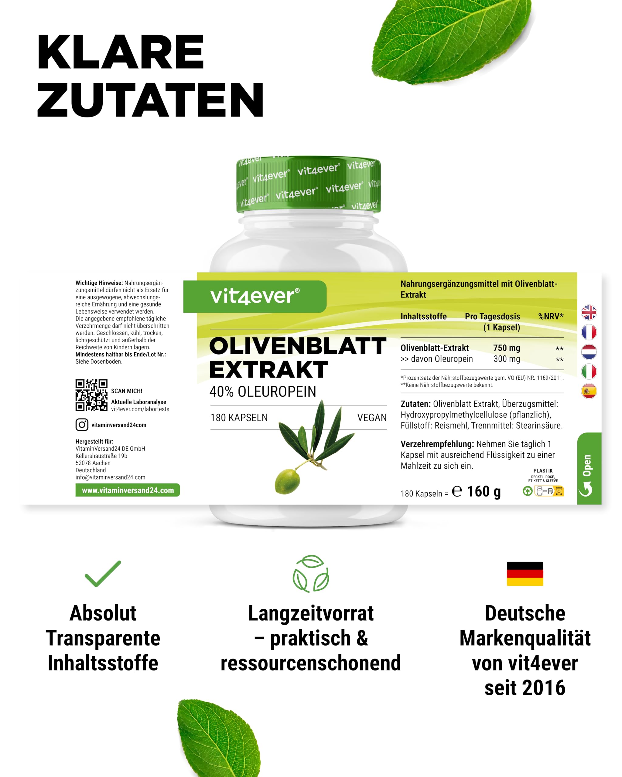 vit4ever Olivenblatt Extrakt - 180 Kapseln mit je 750 mg - 40% Oleuropein entspricht 300 mg - Hochdosiert - Vegan - Premium Qualität - ohne unnötige Zusätze