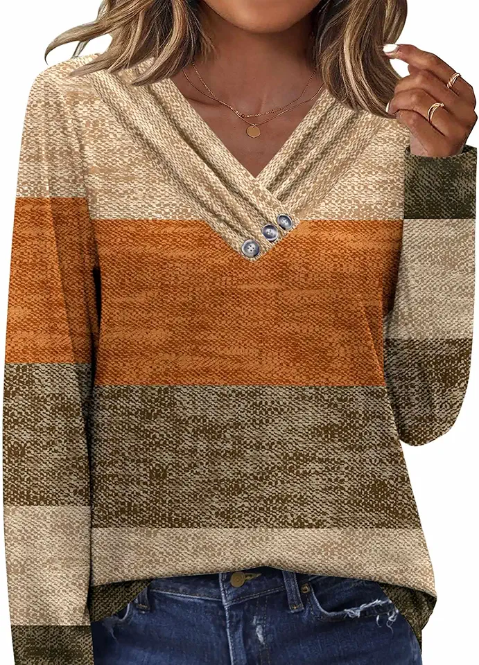 HOTOUCH Womens Fall Tunics Long Sleeve Tops Cross V Neck Shirts Loose Casual Blouses with Decor Button