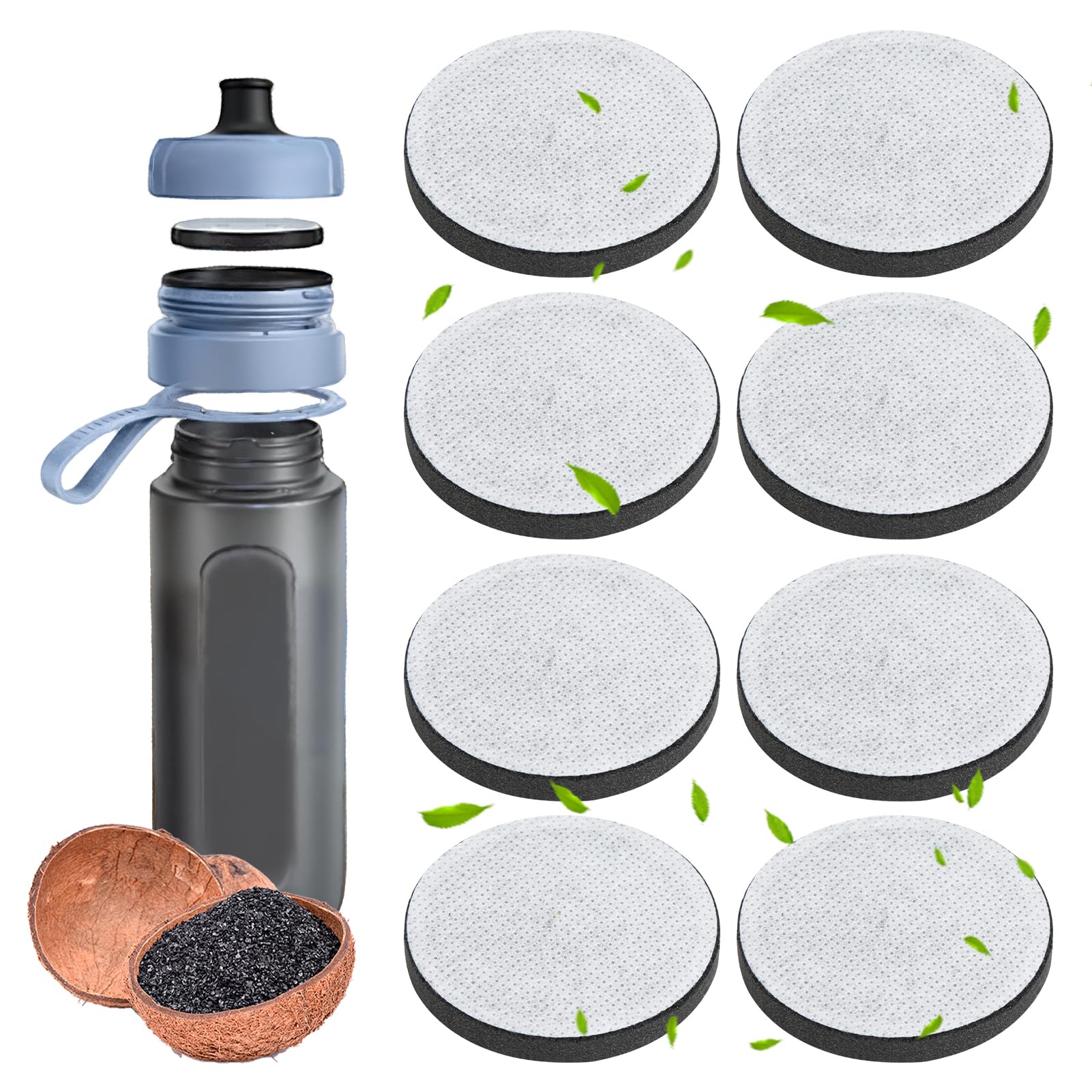 Set van 8 filterschijven voor waterflessen, compatibel met Brita waterfles, microschijven, waterfilterschijven voor Brita Fill and Go-waterflessen, vervanging, verminderen chloor, microdeeltjes en