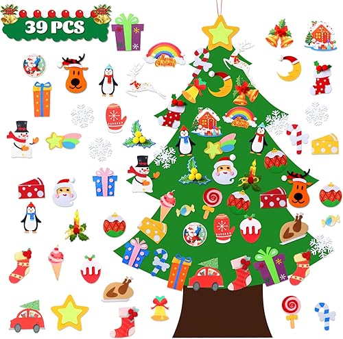 TOBEHIGHER Árbol de Navidad de fieltro árbol de Navidad de fieltro de pared de 3.6 pies para niños con 39 piezas de adornos, regalos de Navidad de