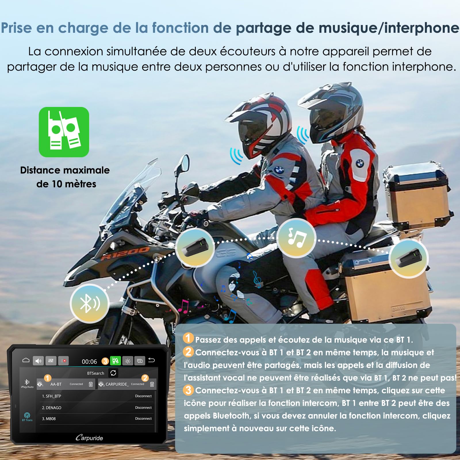 Carpuride W702T Pro Moto Carplay Écran avec TPMS Système, sans Fil Carplay et Android Auto, Portable 7" Étanche Tactile Écran, Double Bluetooth, Interphone Fonction, Navigation, Boussole, Baromètre.