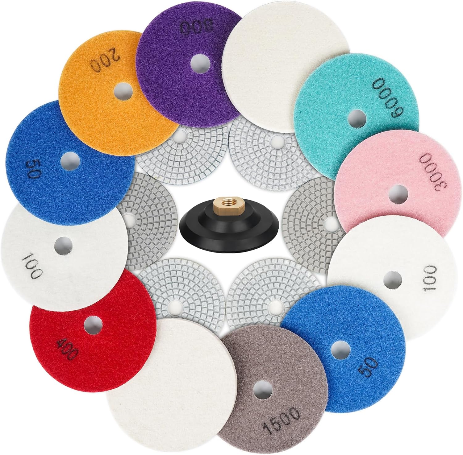 4 Inch Diamond Polishing Pads 13PCS Wet/Dry Polish Pad Kit for Drill Grinder Polisher 50-6000 Grit Pads for Granite Marble Concrete Stone Countertop Quartz Polishing