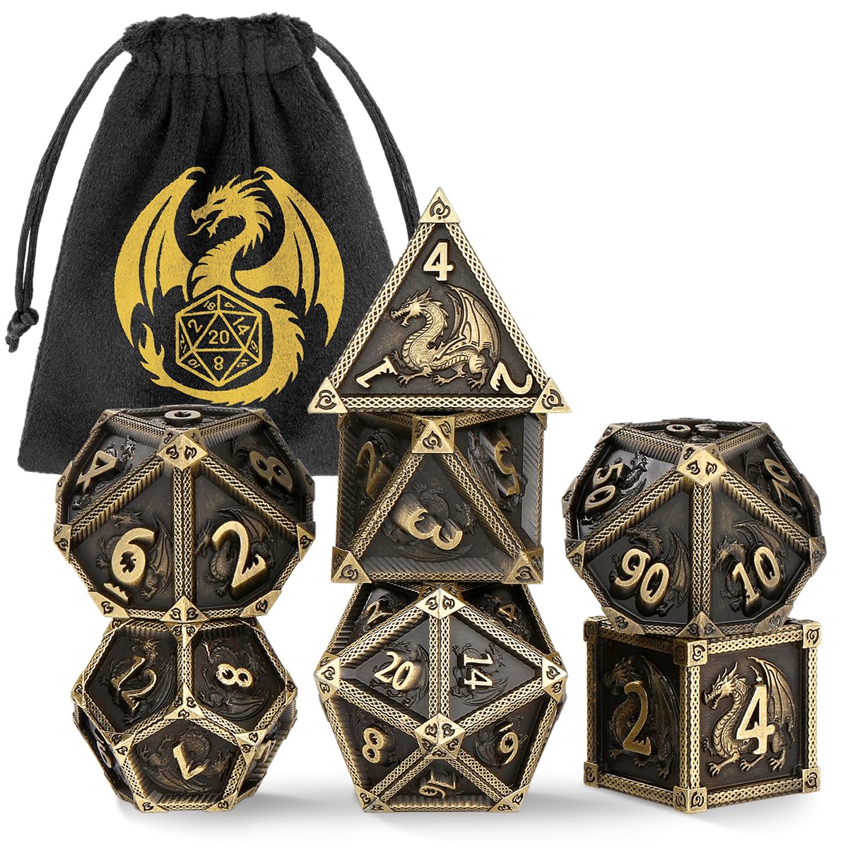 Metal Dice Set, Dragon Pattern, 7pcs Polyhedral Metal DND Dice Set, DND Starter Set, D&D Gifts with Gift Bag - Image 2