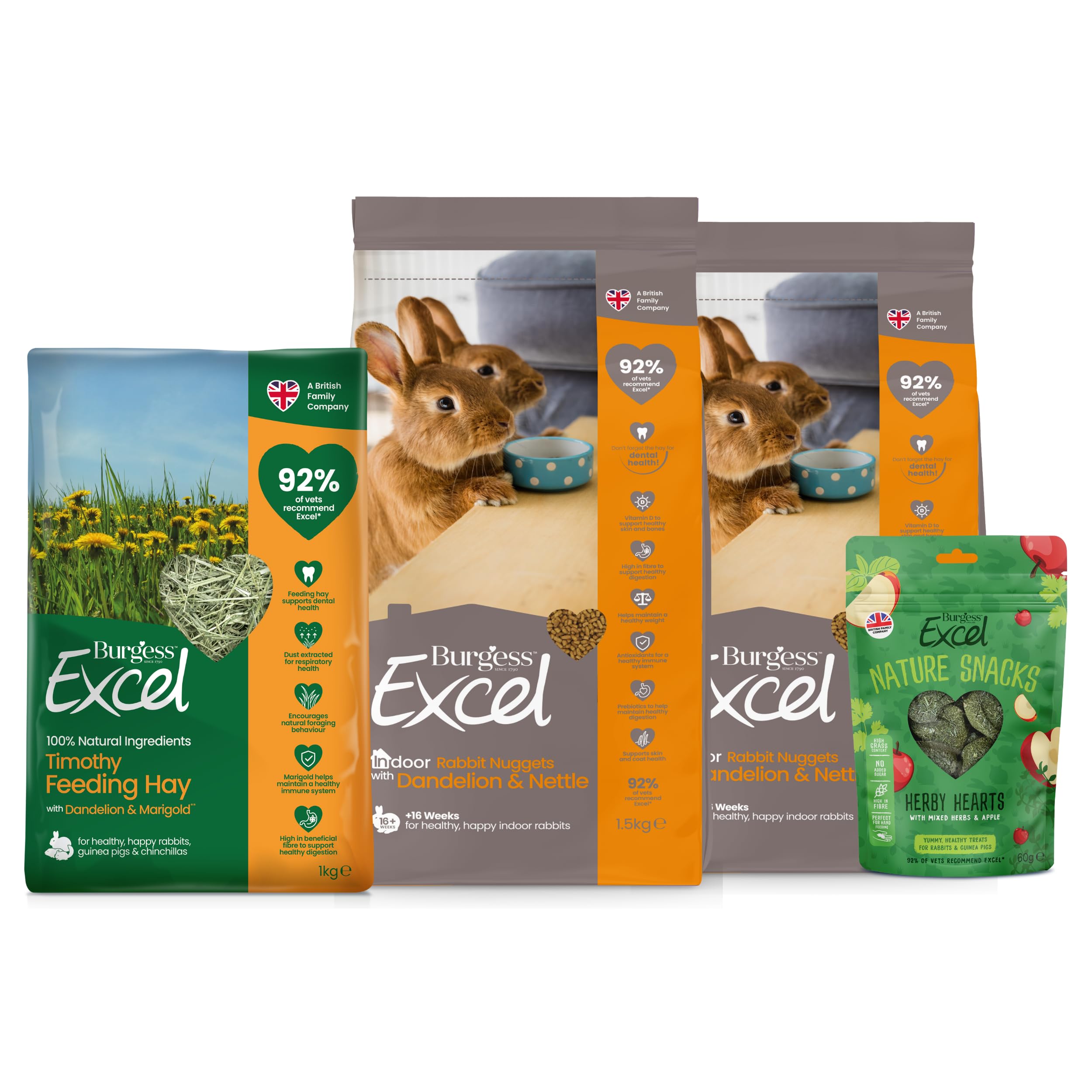 Burgess Excel 3KG Indoor Rabbit Food, 1KG Feeding Hay & Treat Value Bundle – Rabbit Nuggets, Treats, Dandelion & Marigold Feeding Hay for Indoor Rabbits – Dust Extracted Timothy Hay