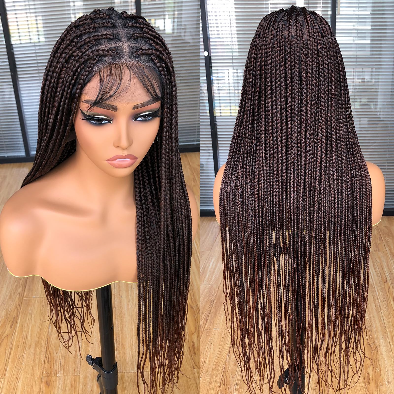 Annivia36" Full Double Lace Front Box Braided Wigs for Black Women Synthetic Hand Braided Wigs Pre Plucked with Baby Hair Knotless Braids Lace Frontal Wig Square Box Braid Hair （ Ombre Brown）