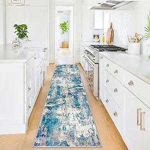 KOZYFLY Modern Abstract Rug Runner, 2x8, Blue, Low Pile, Machine Washable, Non-Slip, Recycled Fiber, Area Rug for Hallway, Kitchen, Bathroom, Bedroom