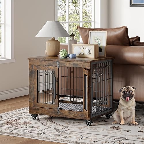 Miniatura 3 de Mueble de jaula para perros con cojín, perrera de madera para interiores con puertas dobles, jaula para perros con ruedas, mesa auxiliar de casa