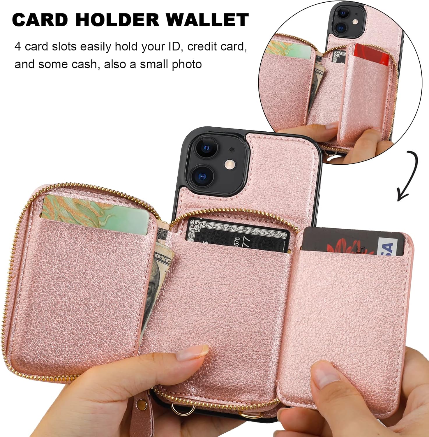 Bocasal RFID Blocking Wallet Case for iPhone 12/12 Pro, Adjustable Crossbody Zipper Purse Case Card Holder with Kickstand Detachable Wrist Strap, PU Leather Flip Folio Case 6.1 Inch 5G (Rose Gold)