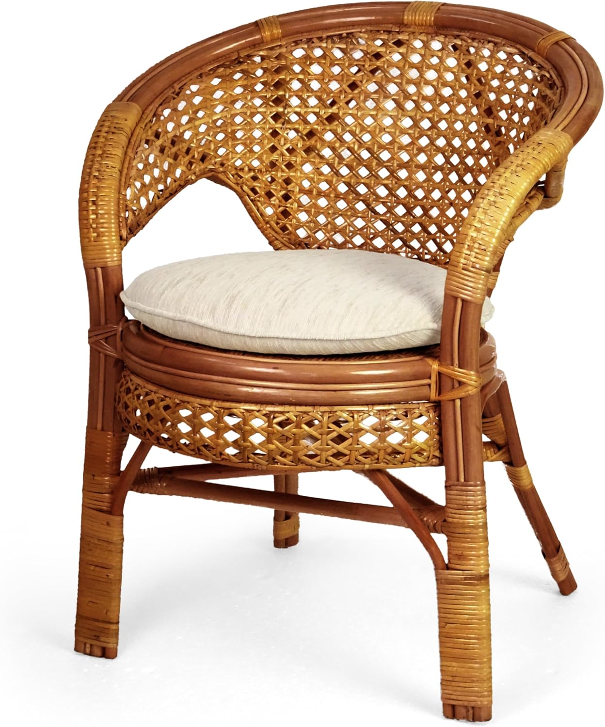 Wickerix Pelangi Handmade Rattan Wicker Dining Chair with Cream Cushion - Colonial Color, Lightweight & Elegant