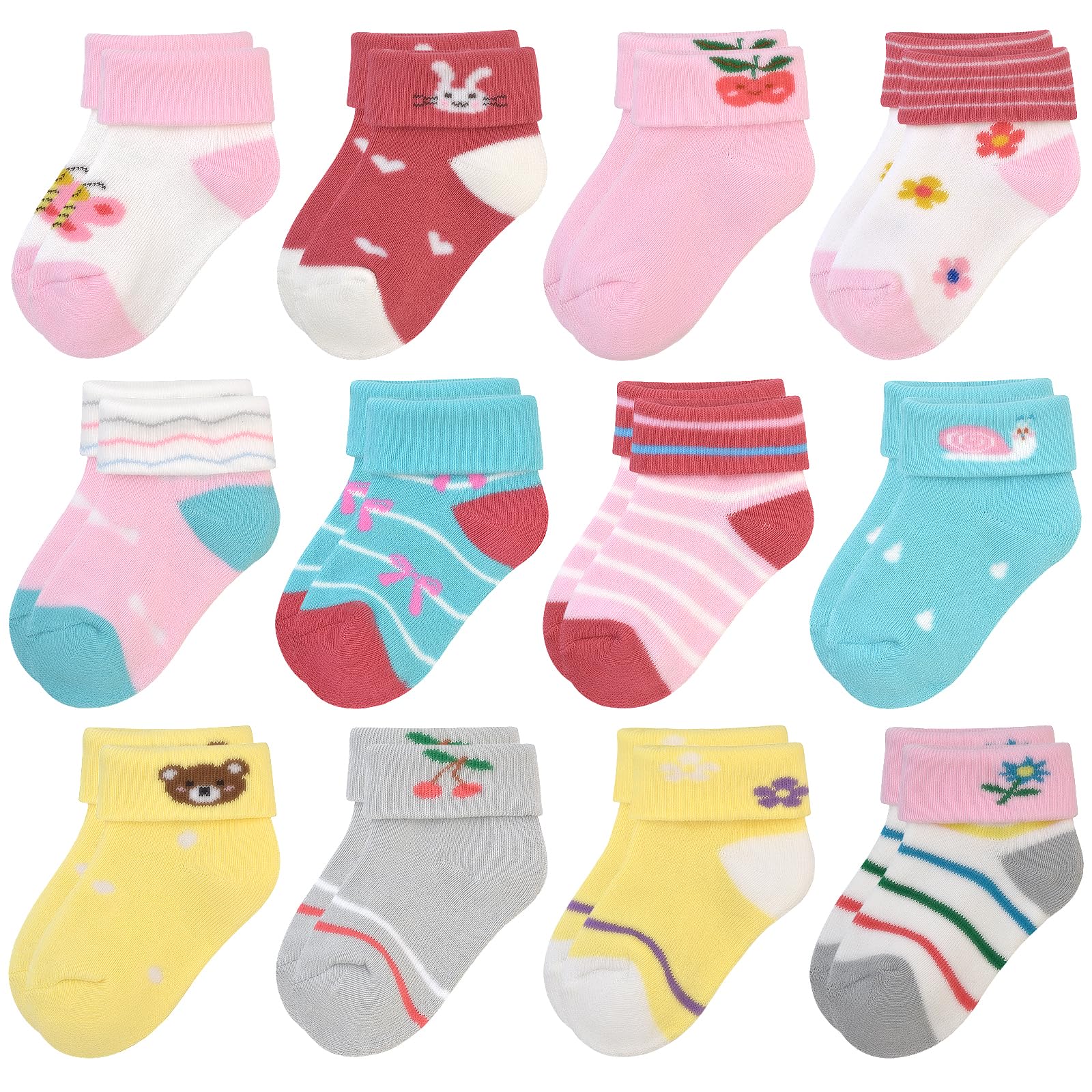 ZERULETS Baby Girls Socks Warm Thick 12 Pack Infant Toddler Socks for Baby Turn Cuff Socks Animal Cute Baby Winter Socks 6-12 Months