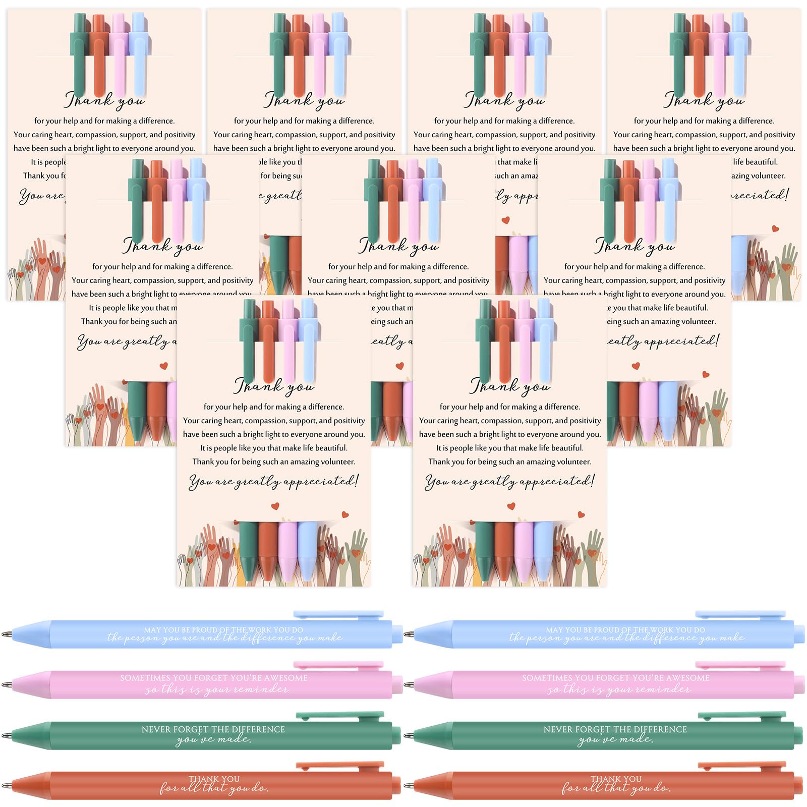 Sinload 24 Sets Volunteer Appreciation Pen Gift Bulk Inspirational Quotes Ballpoint Pens with Volunteer Thank You Card for Charity Ministry Social