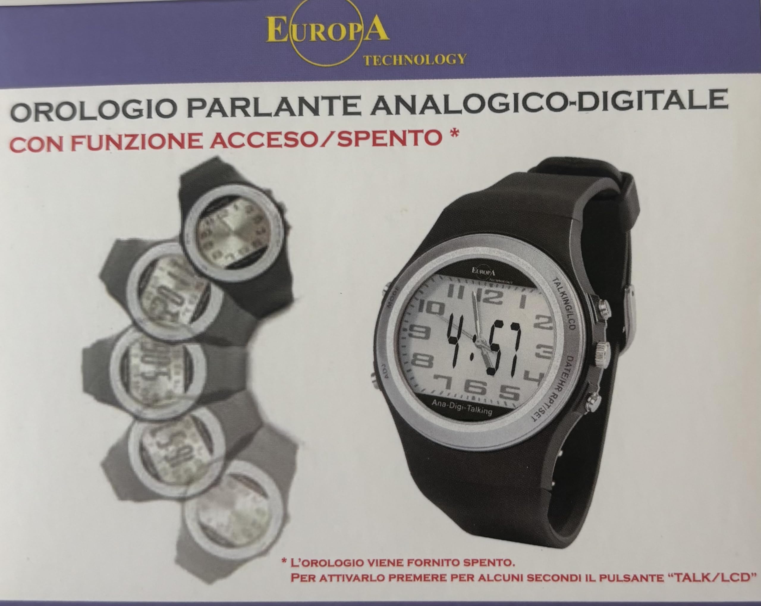 Reloj parlante Talking de hombre para ciegos, ancianos, personas con discapacidad visual o ciega. Anuncio de voz en italiano con alarma y calendario. Visualización analógica y/o