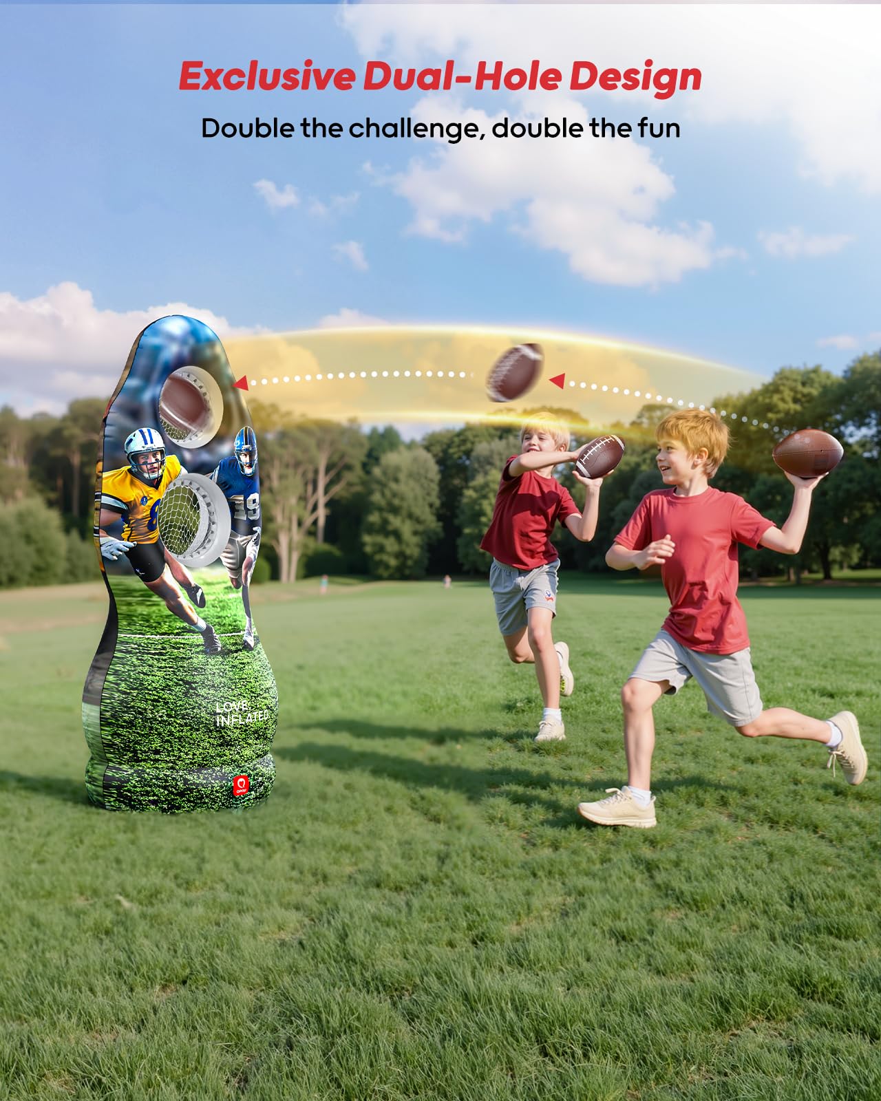 QPAU Dual-Hole Inflatable Football Target for Kids & Adults, Life-Size Backyard Toss Game with 4 Balls, Scoreboard & Pumps – Outdoor Toy for Boys Girls, Sports Training & Family Fun