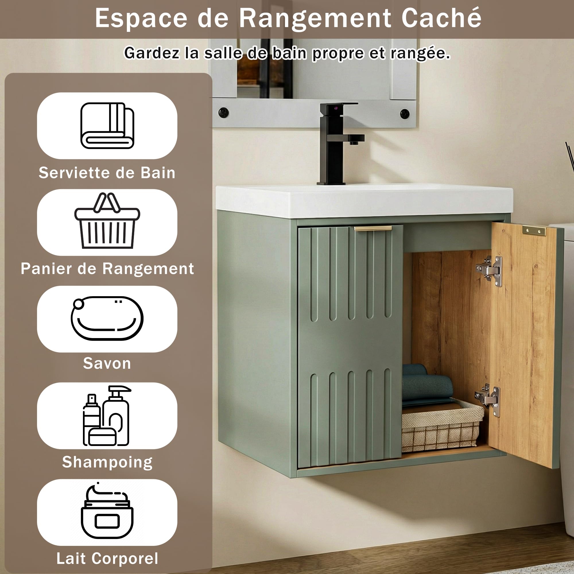 UEV Meuble de Salle de Bain Suspendu avec Vasque - Armoire sous-Lavabo 2 Portes Finition Bois - Gain de Place & Entretien Facile, Idéal pour Petites Salles de Bain et WC 50 x 38 x 55 cm, Vert
