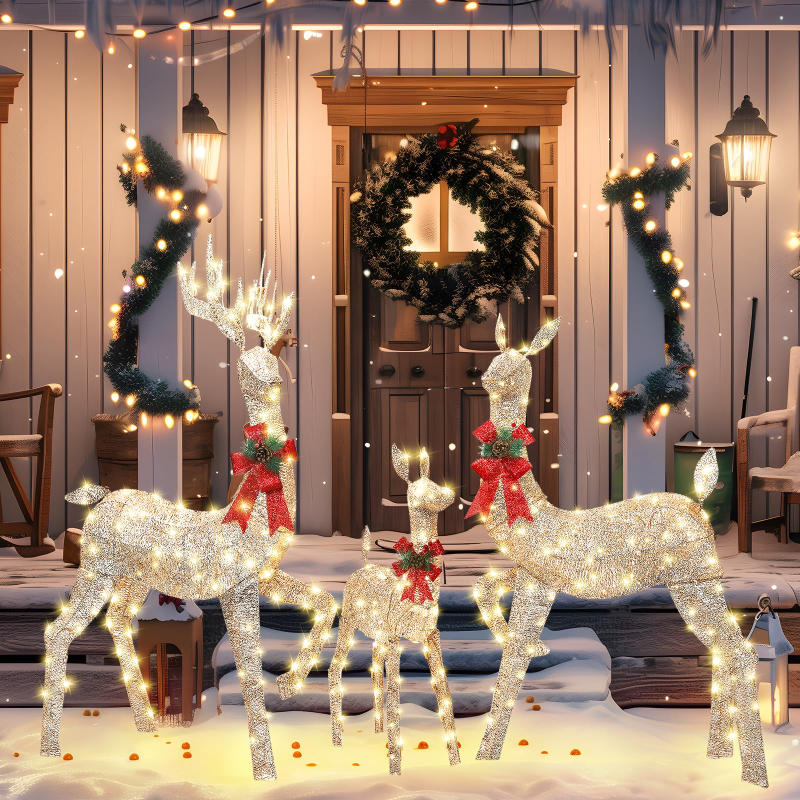 Large Lighted Christmas Decoration Deer 3 Piece,Christmas Decoration Lighted Deer Family Set for Outdoor Indoor with LED Lights, Courtyard Lawn Decor for Xmas Holiday Party-Champagne Gold