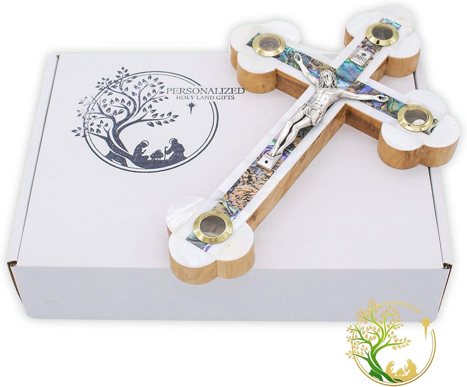 Decorative cross for wall handmade with mother of pearl in the Holy Land - olive wood Catholic wooden cross - Holds Soil, Flowers, Incense & stones. Made by Christian craftsmen A perfect home decor