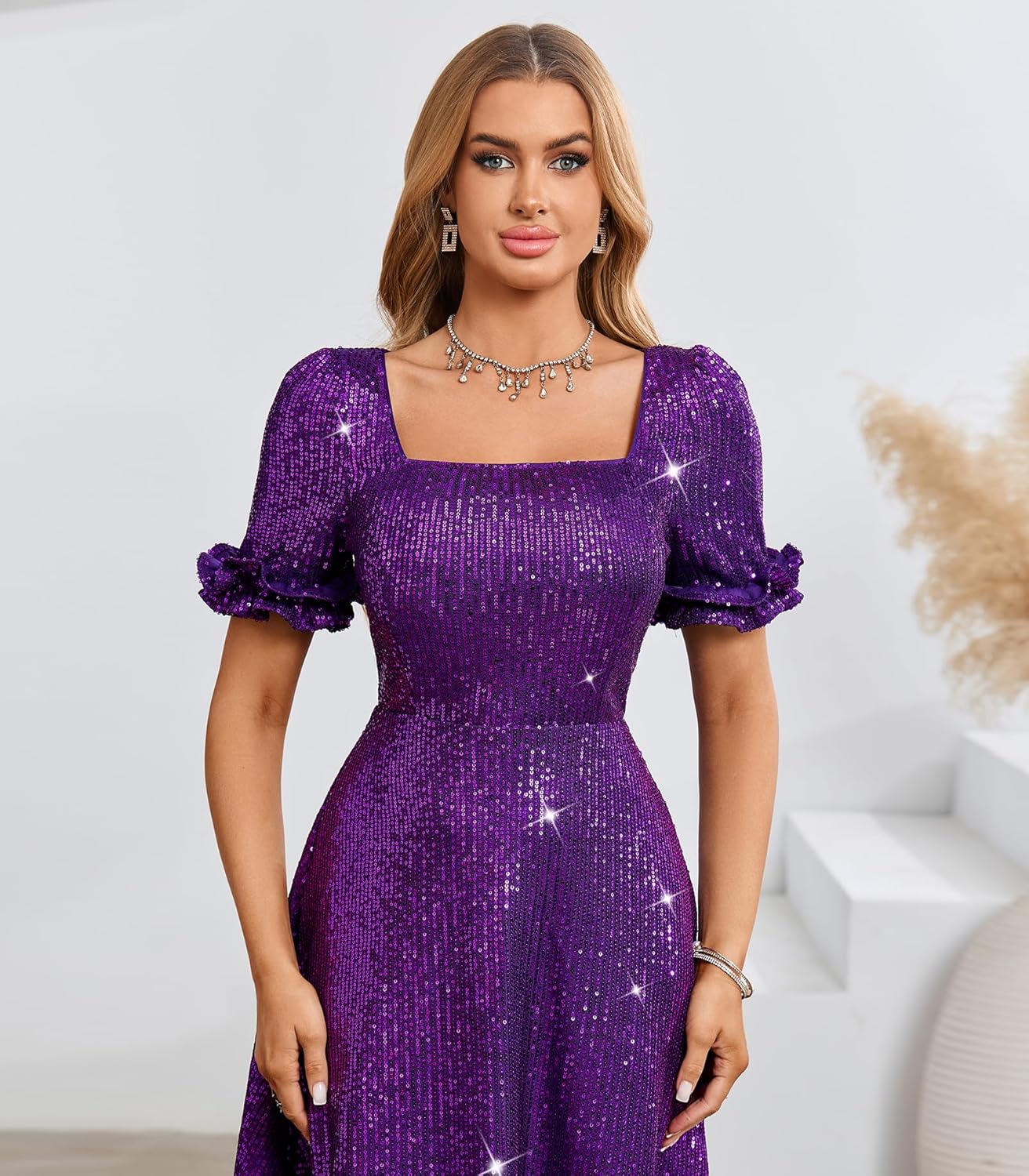 Sequin Puff Sleeve Square Neck Short Party Dress – Sparkly A-Line Cocktail Homecoming Dress for Women
