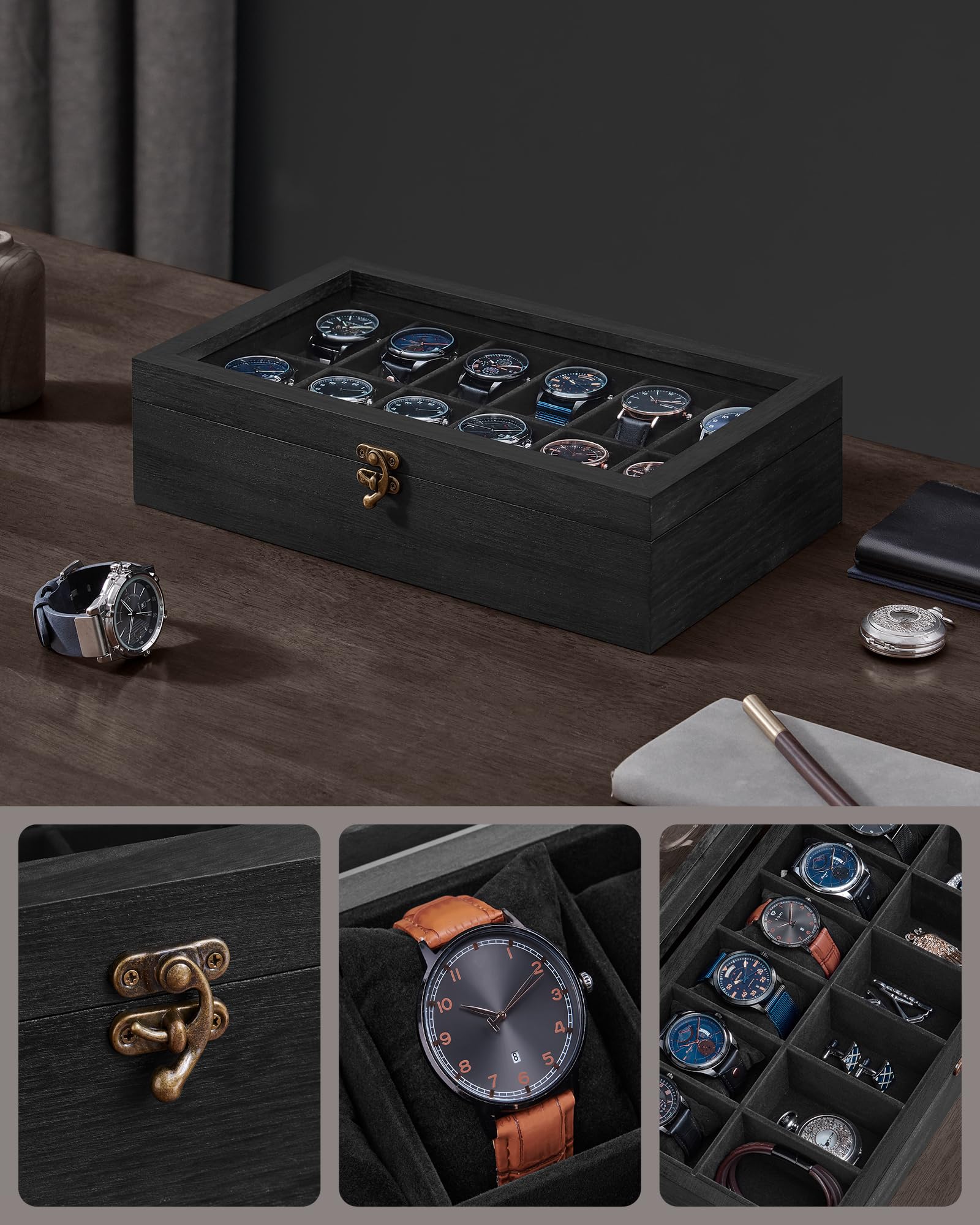 SONGMICS Boîte à montres avec 12 emplacements, en bois massif | Boîte de présentation, couvercle en verre, coussins amovibles, idée cadeau, encre noire, Collection ANICIA JOW120B02