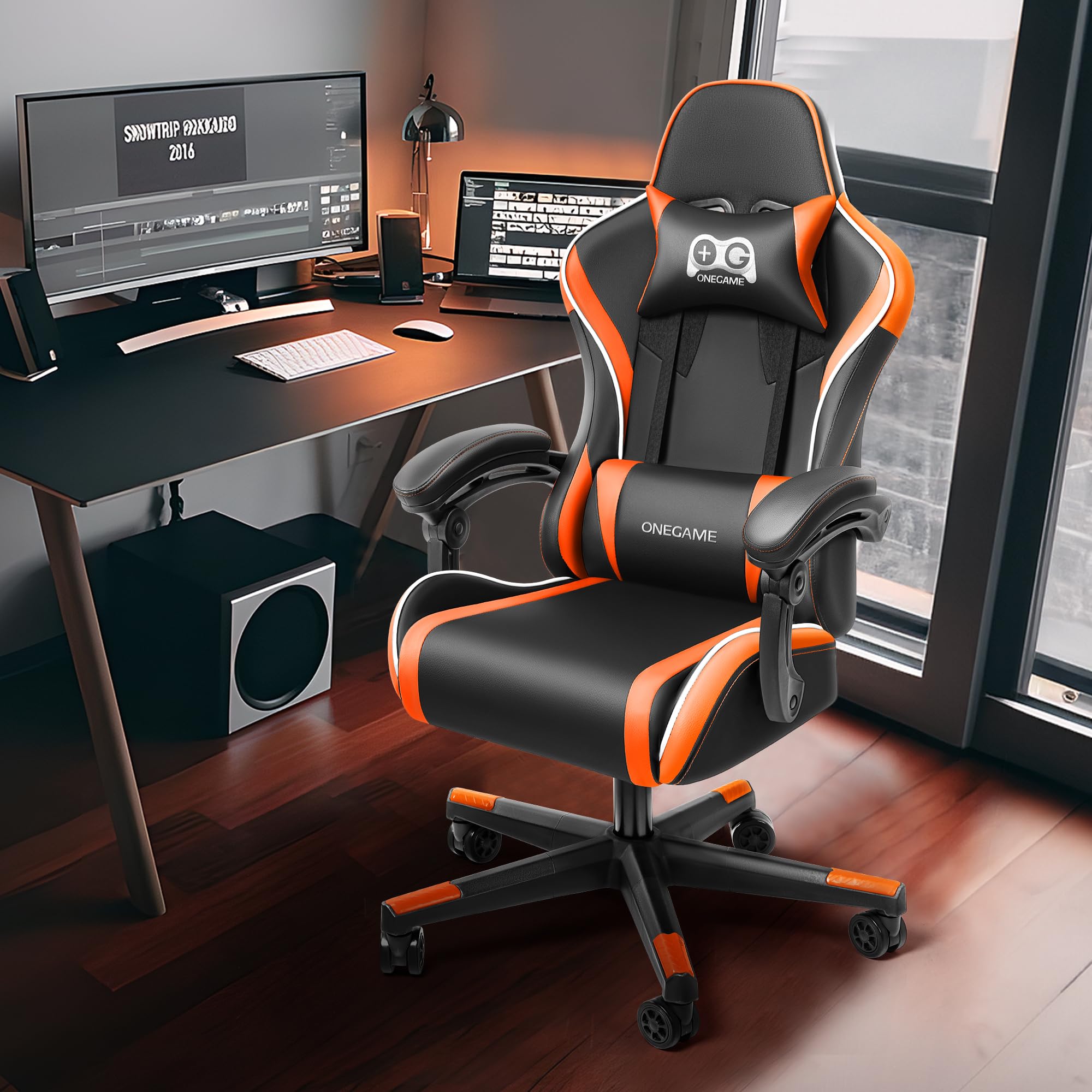 OneGame Silla Gaming, Silla ergonómica de Ordenador Gamer Adulto, Sillas Oficina Giratoria Estilo Racing, Respaldo Alto Ajustable con Soporte Lumbar, Naranja