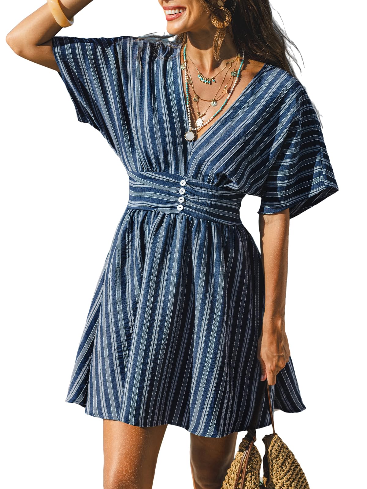 CUPSHE Damen Sommerkleid V-Ausschnitt Gestreiftes Kleid Kurz Boho Strandkleid Elegant Freizeitkleid mit Fledermausärmel