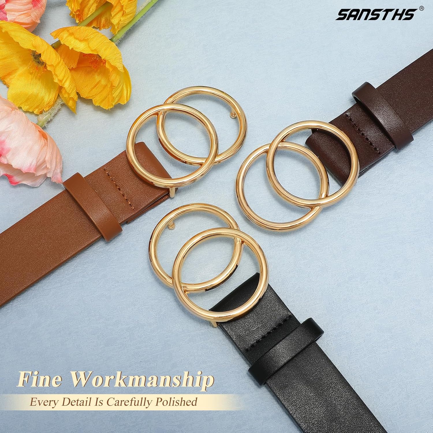 SANSTHS 3 Pack Women Waist Belts for Jeans Pants Dresses, Ladies Belt with Double O-Ring Gold Buckle - Image 3