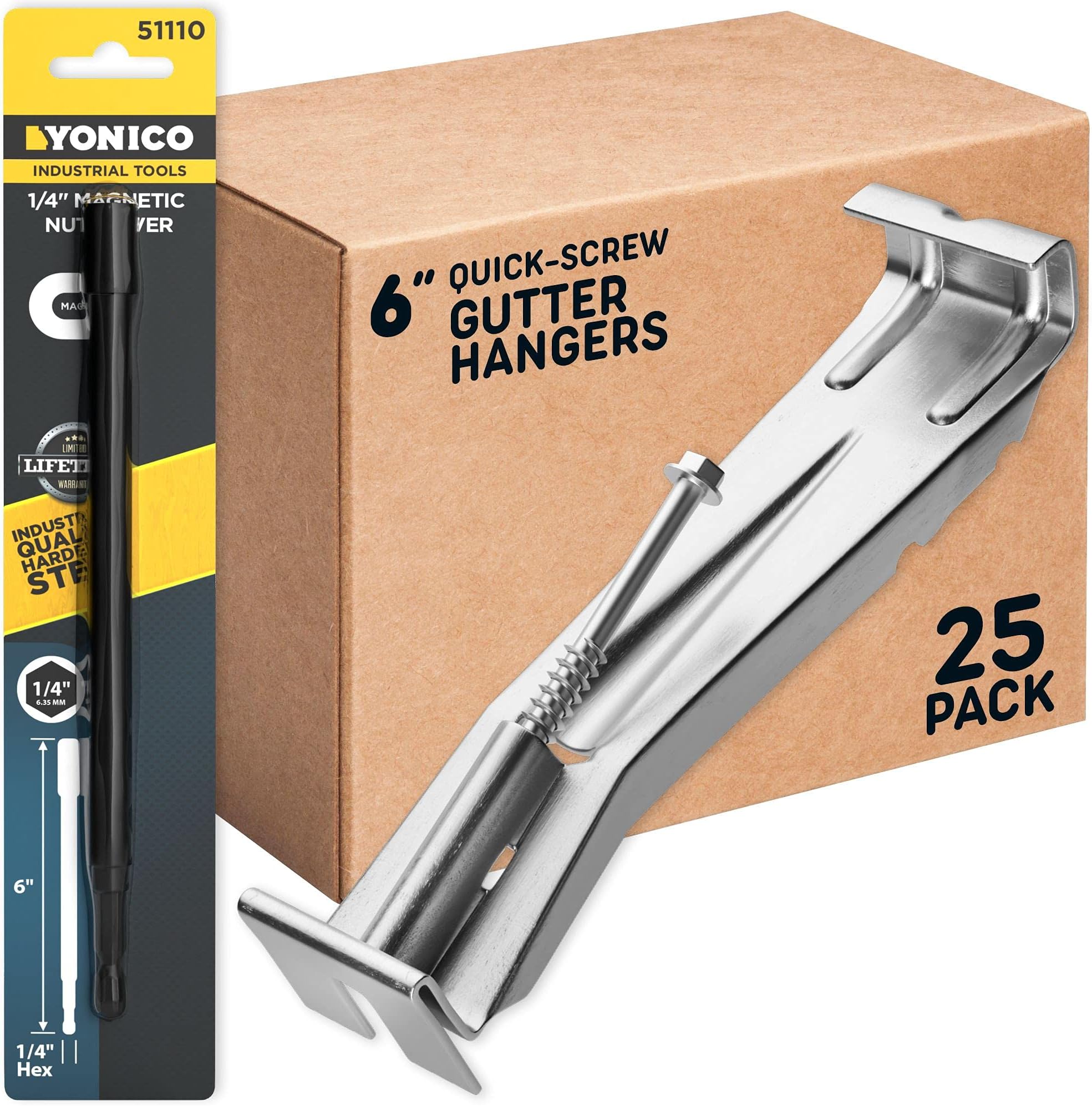 Quick Screw 6 Inch Gutter Hangers - 25 Pack - Gutter Brackets 6 Inch with Bonus 6 Inch Drill Bit - Hidden Bracket Clips with Pre-Assembled Screw - Fix Sagging Rain Gutters