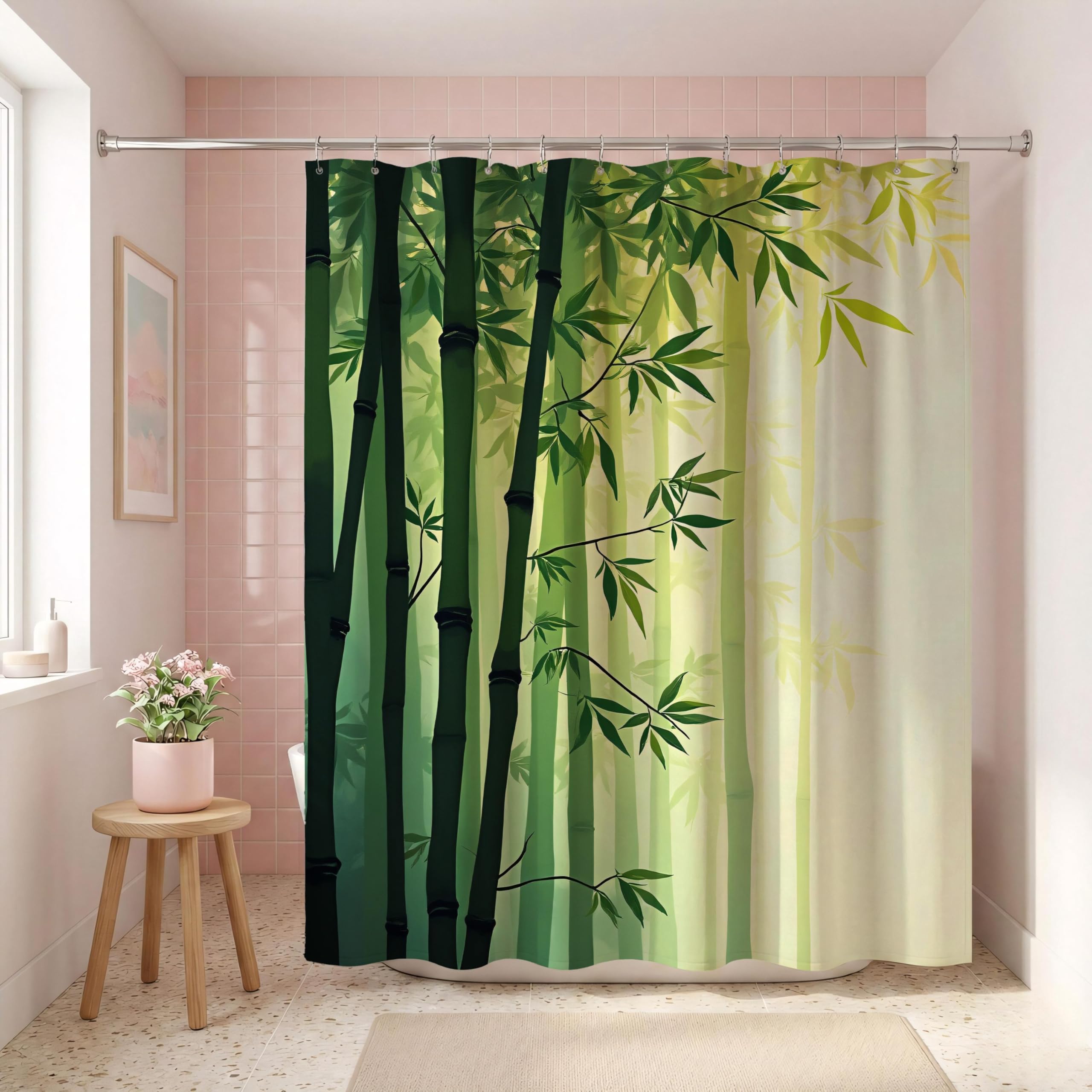 Rideau de Douche en Bambou Vert, Rideau botanique Zen Forest, Art Naturel, Tissu imperméable avec Crochets, Lavable en Machine (240 x 199 cm / 94 x 87 po (L x H)).