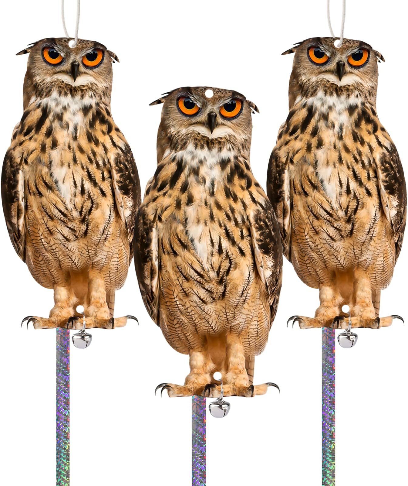 Owl to Keep Birds Away, 3 Pack Bird Scare Owl Fake Owl, Reflective Hanging Bird Decoration, Dual-Side Printed Owl to Keep Birds Pigeon Away from Patio Garden