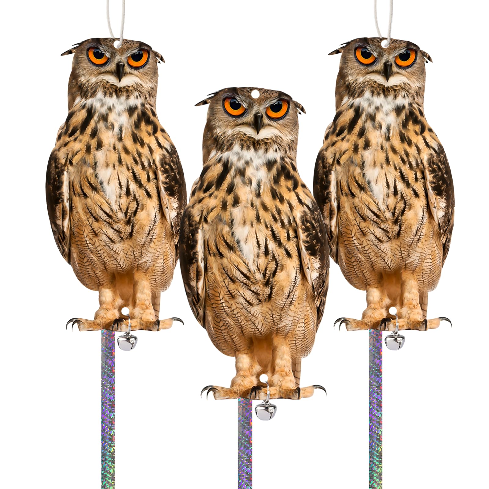 Owl to Keep Birds Away, 3 Pack Bird Scare Owl Fake Owl, Reflective Hanging Bird Decoration, Dual-Side Printed Owl to Keep Birds Pigeon Away from Patio Garden