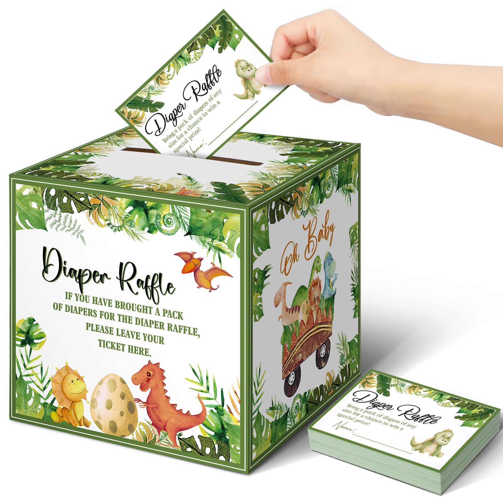 Fuutreo 51 Pcs Diaper Raffle Tickets with Diaper Raffle Card Box for Baby Shower Decor Balloon Themed Baby Shower Decorations for Games Prizes Gender Reveal Party Supplies(Dinosaur)