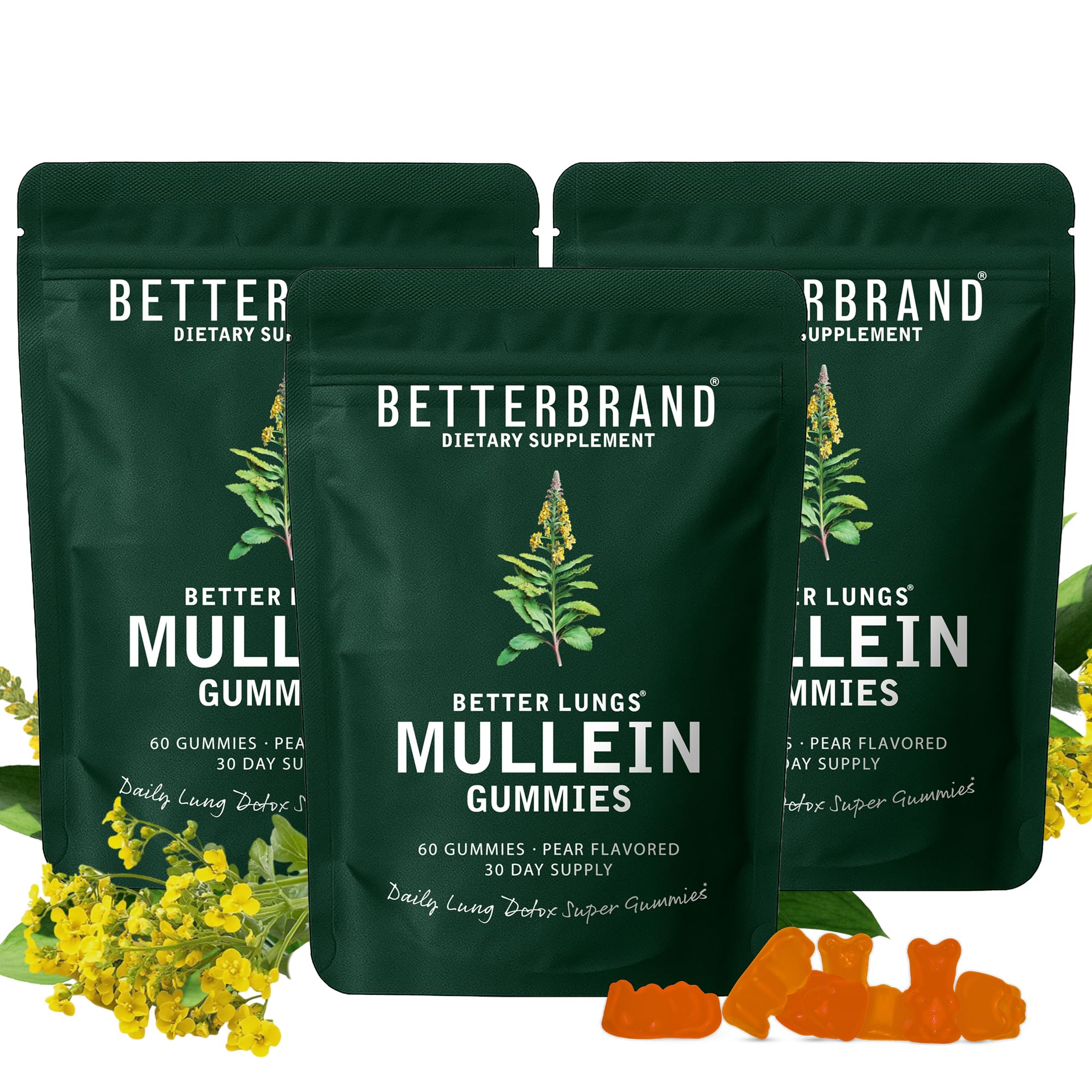 Betterbrand Mullein Chewable Gummies for Lung Cleanse and Detox, Respiratory Health Supplement, 2000mg Mullein Extract per Serving, 50:1 Extract - 90 Day Supply - Pear Flavored