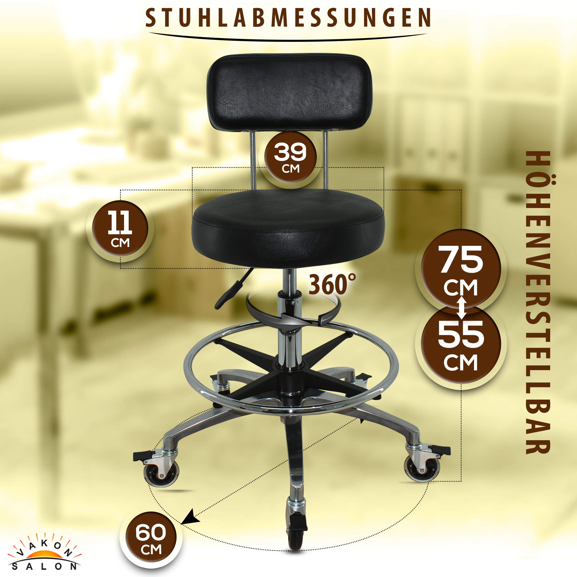 Rollhocker mit Lehne und Fußring - Premium Rollen mit Bremse - Höhenverstellbarer von 55-75 cm - Drehhocker Arbeitshocker Praxishocker