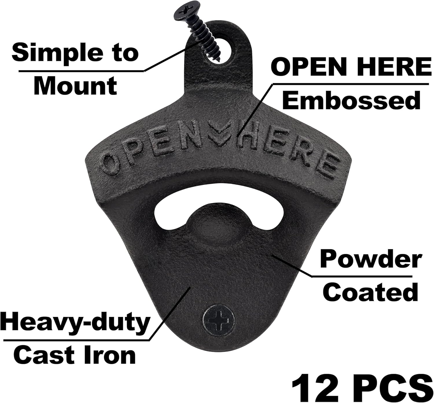 12 PCS Black Cast Iron Wall Mount Beer Openers Bulk Soda Bottle Opener Mountable for Wooden Metal Board DIY