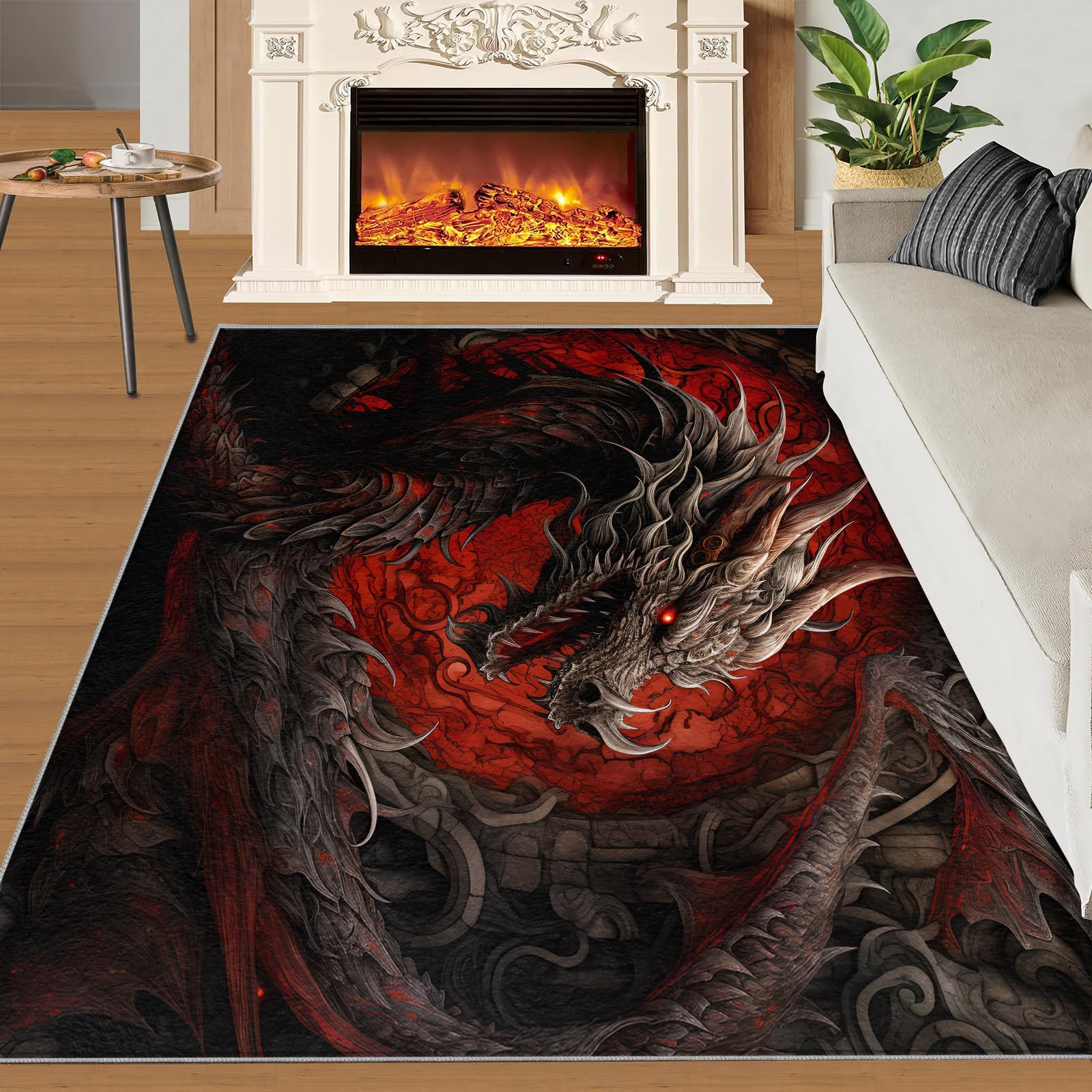 Tapis dragon rouge et noir, à poils ras et antidérapant, pour salon, chambre à coucher, cuisine, salle à manger, bureau, 80 x 150 cm