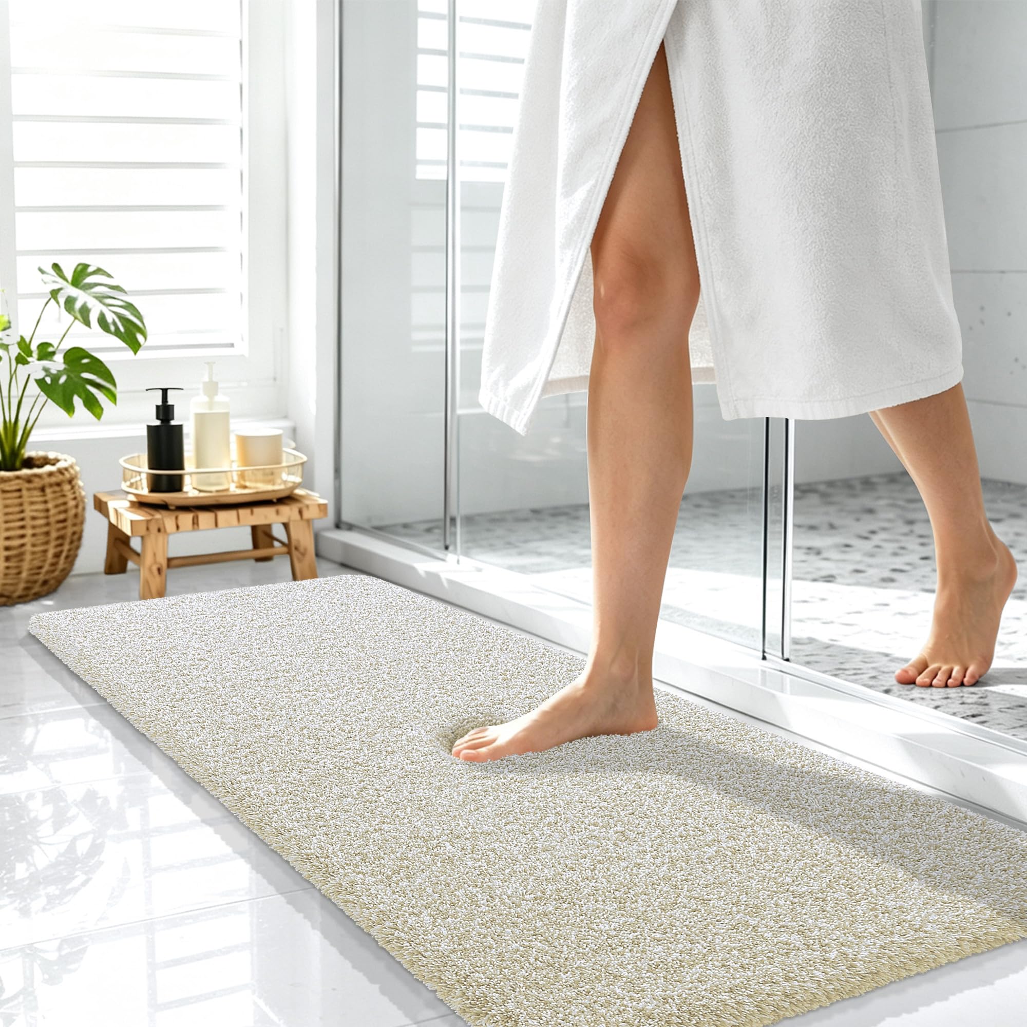 OLANLY Microfiber Bathroom Rugs 47x17, Quick Dry Bath Mat, Sand and White