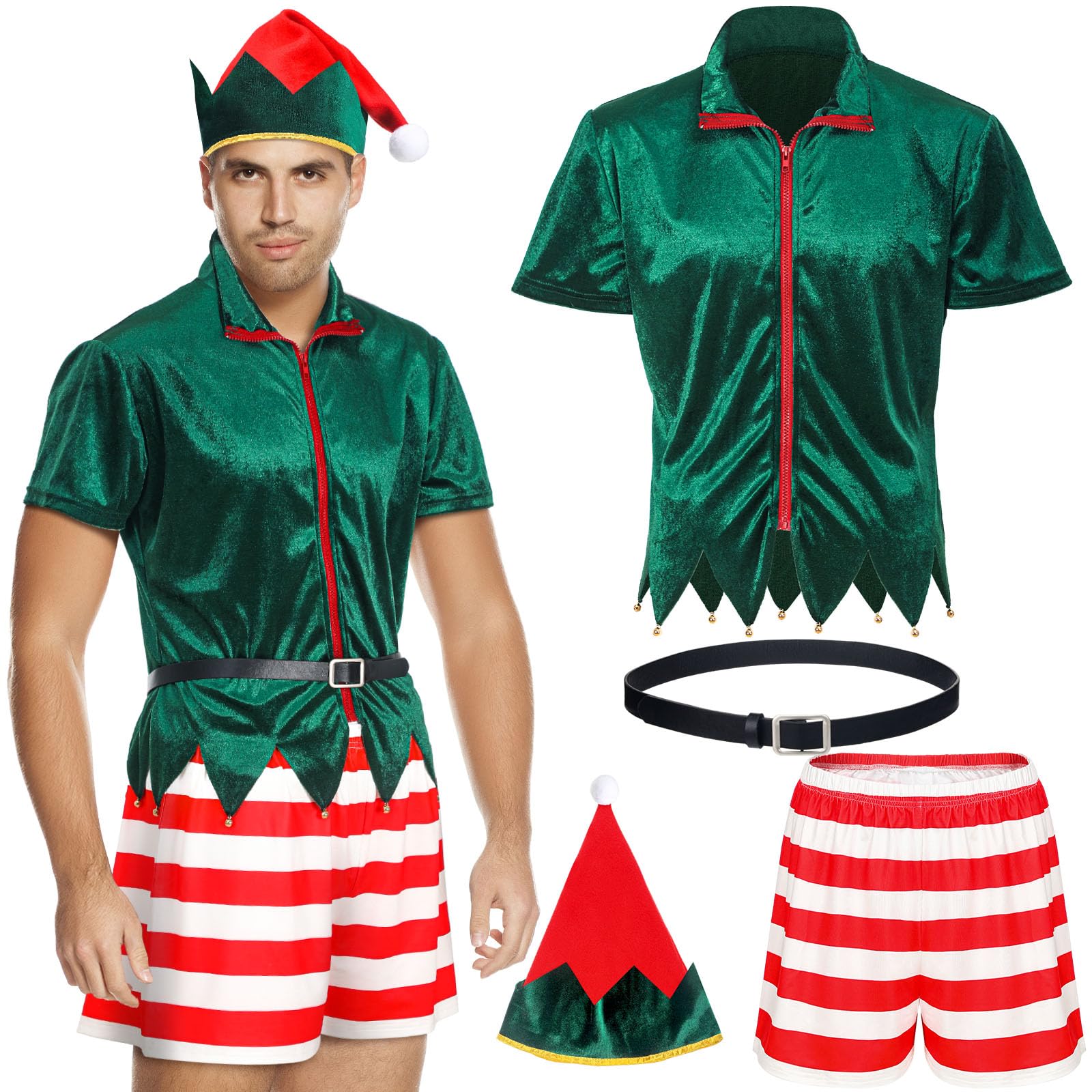 Jecery 4 Pcs Sexy Men's Elf Costume Green Set Green Top Striped Shorts Hat Belt for Christmas Holiday Events-size