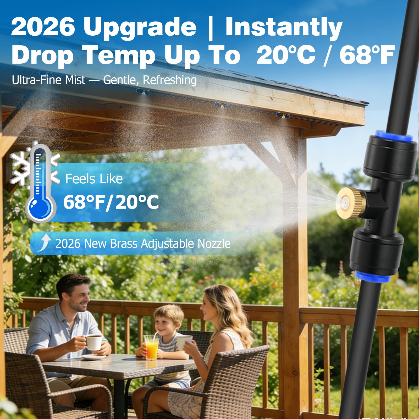 Nebelkühlsystem 30 m mit 30 Messingnebeldüsen 1,9 cm Adapter für Außenterrasse Garten
