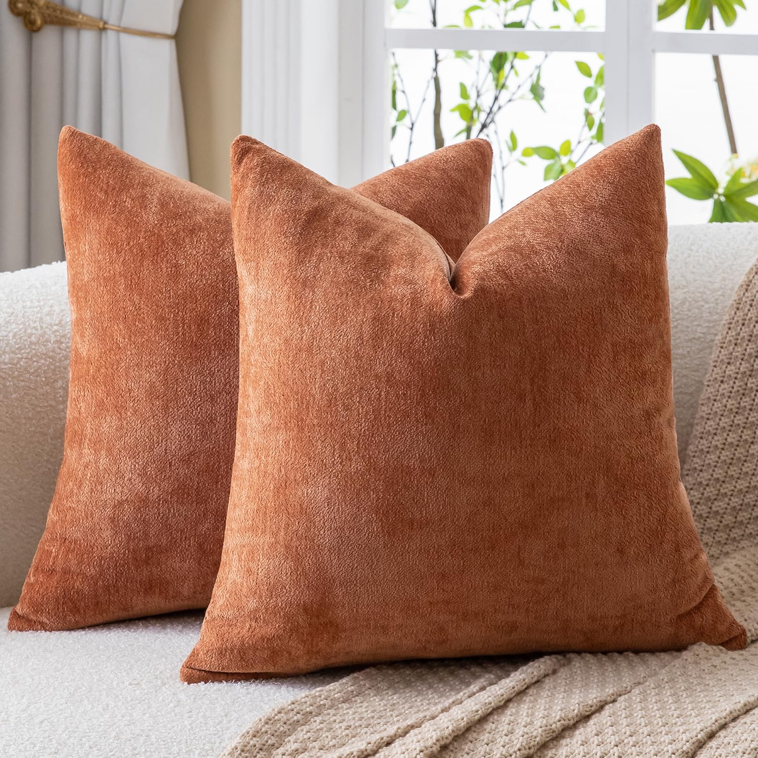 Mandioo Chenille Burnt Brick Cushion Covers 45x45cm 18x18 Inch Set of 2, Decorative Soft Thick Couch Pillow Covers Solid Accent Farmhouse Neutral Throw Pillow Cases for Sofa Bed Living Room โ image 1