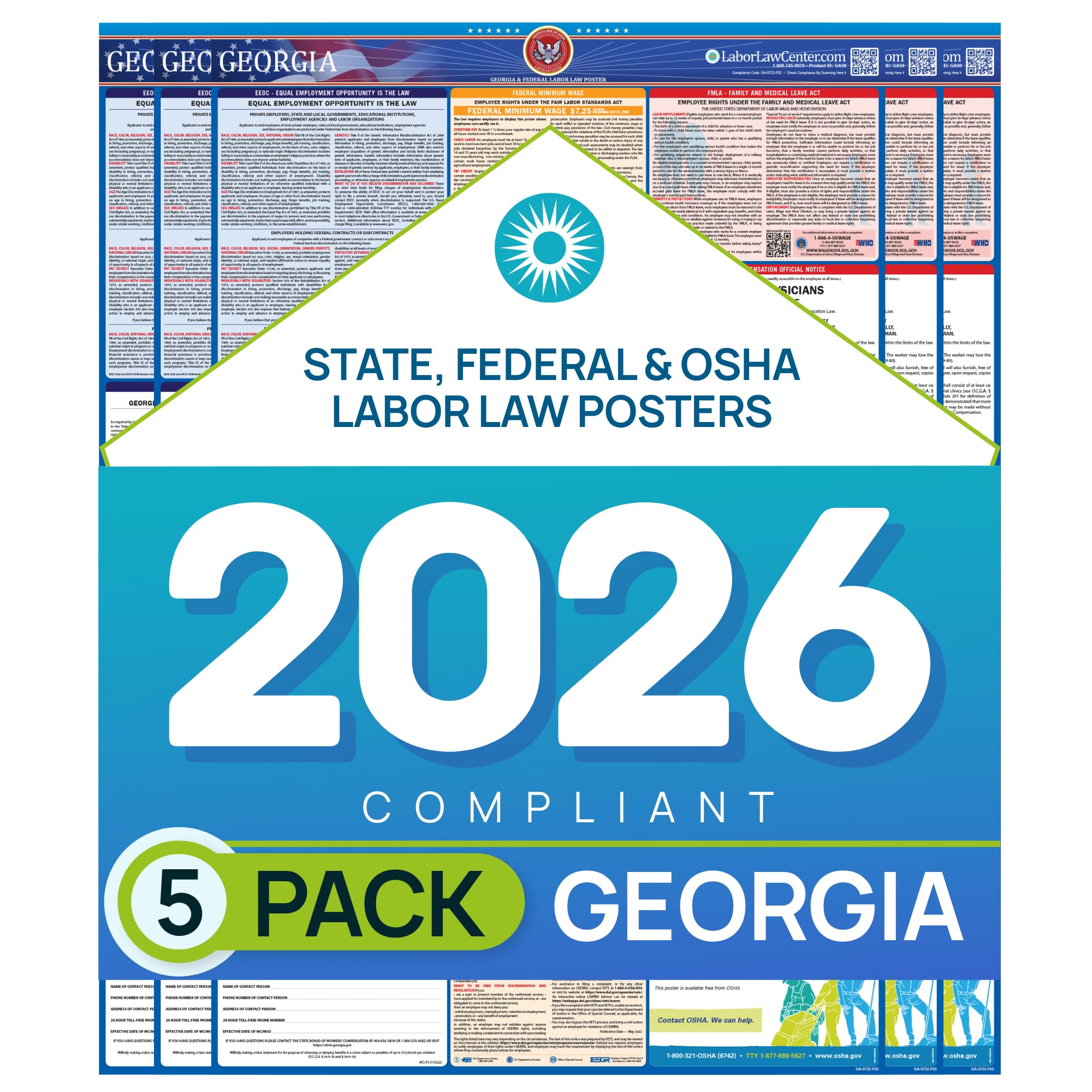Labor Law Posters Georgia 2026, 5-Pack, State, Federal Workplace Notices