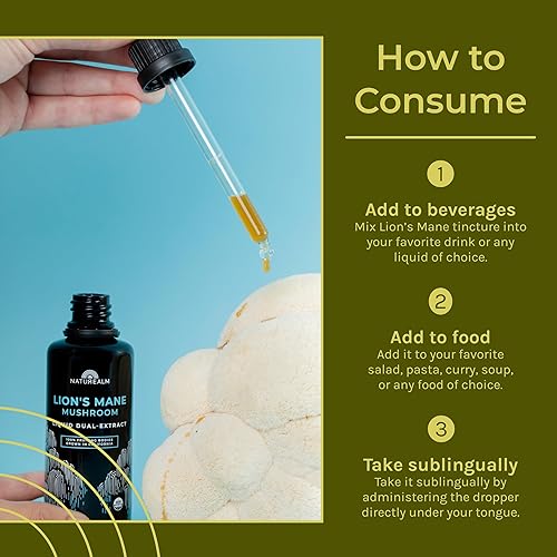 Miniatura 6 de Naturealm Suplemento líquido de tintura de hongo de melena de león - Enfoque, memoria y salud cerebral, vegano, sin OMG - Cuerpos fructíferos