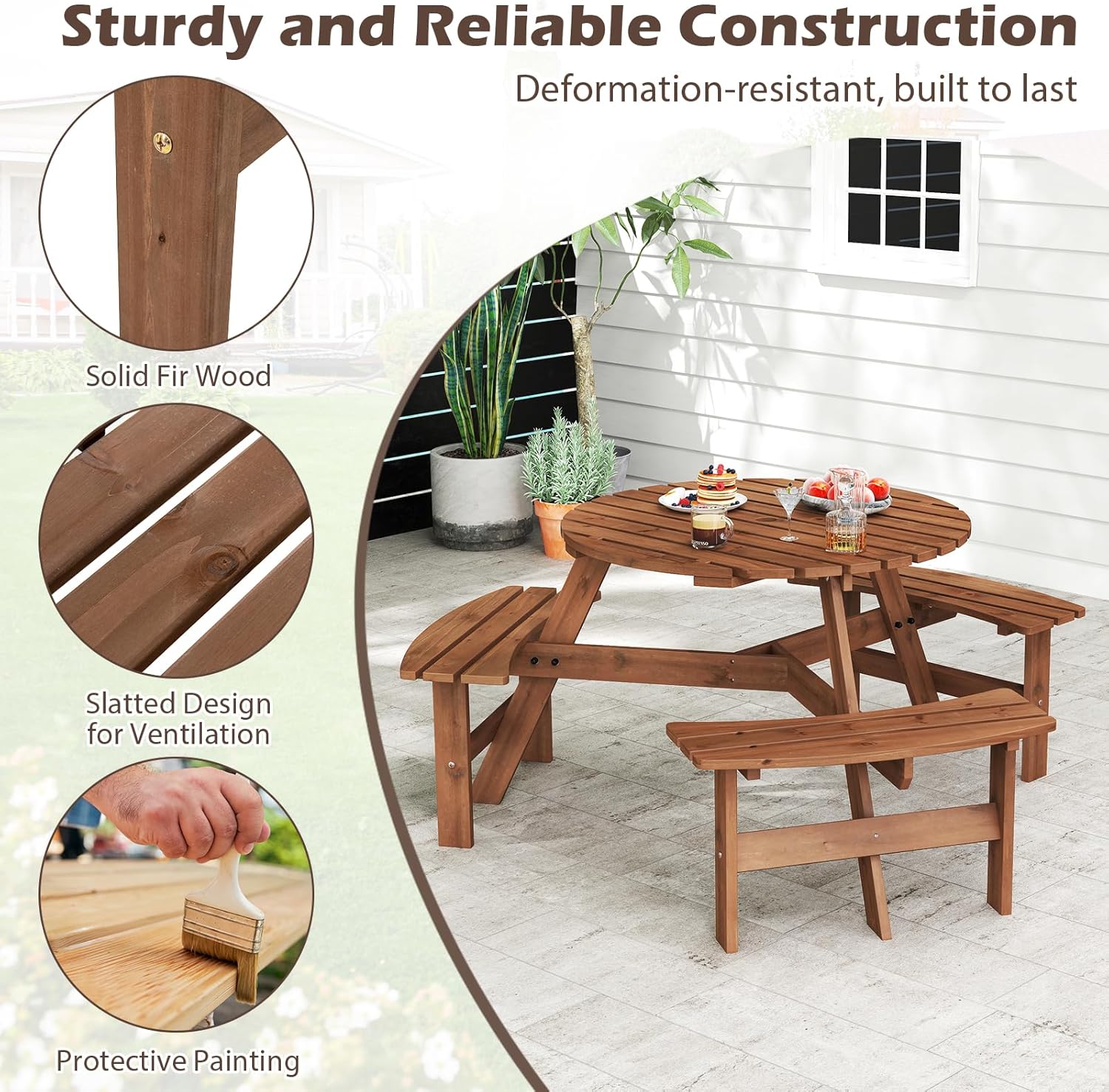 Byroce 6-Person Picnic Table for Outdoors, Wood Picnic Table Set with Benches & 2” Umbrella Hole, Heavy Duty Round Dining Table Chairs for Patio, Yard, Poolside & Garden (Brown, 62”D x 68”W x 28”H)